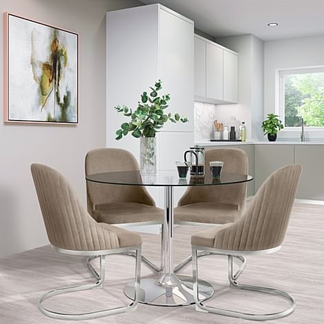 Orbit Round Dining Table & 4 Riva Chairs, Glass & Chrome, Champagne Classic Velvet, 110cm