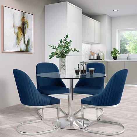 Orbit Round Dining Table & 4 Riva Chairs, Glass & Chrome, Blue Classic Velvet, 110cm