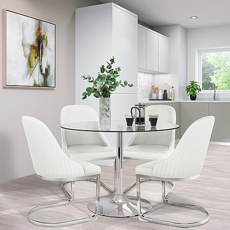 Orbit Round Dining Table & 4 Riva Chairs, Glass & Chrome, White Premium Faux Leather, 110cm