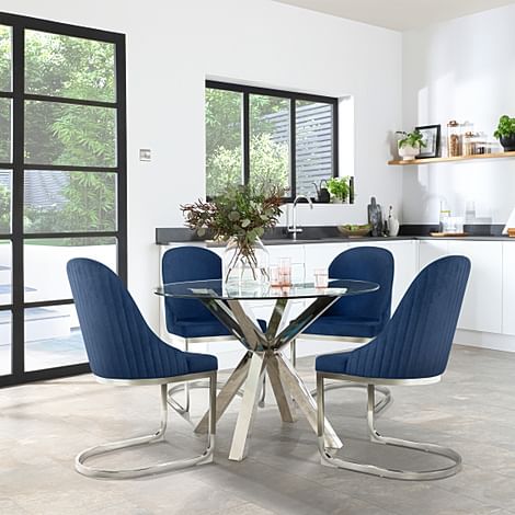 Plaza Round Dining Table & 4 Riva Chairs, Glass & Chrome, Blue Classic Velvet, 110cm
