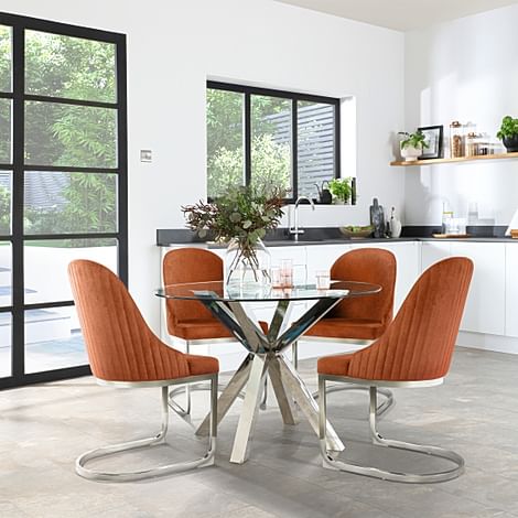 Plaza Round Dining Table & 4 Riva Chairs, Glass & Chrome, Burnt Orange Classic Velvet, 110cm