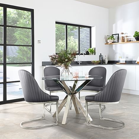Plaza Round Dining Table & 4 Riva Chairs, Glass & Chrome, Grey Premium Faux Leather, 110cm