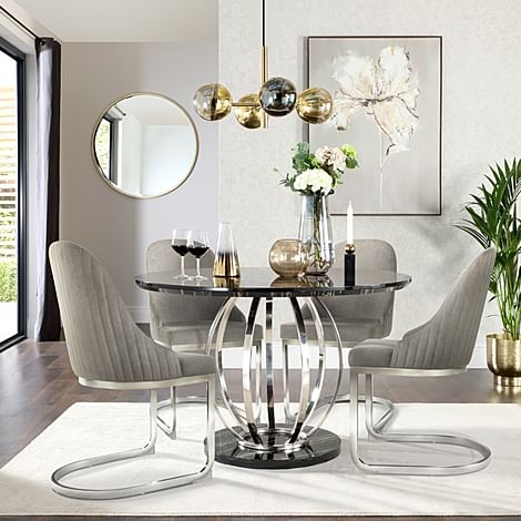 Savoy Round Dining Table & 4 Riva Chairs, Black Marble Effect & Chrome, Grey Classic Velvet, 120cm