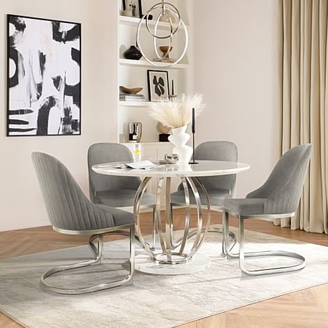 Savoy Round Dining Table & 4 Riva Chairs, White Marble Effect & Chrome, Grey Classic Velvet, 120cm