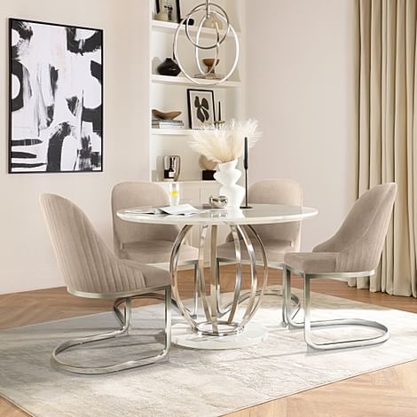 Savoy Round Dining Table & 4 Riva Chairs, White Marble Effect & Chrome, Champagne Classic Velvet, 120cm