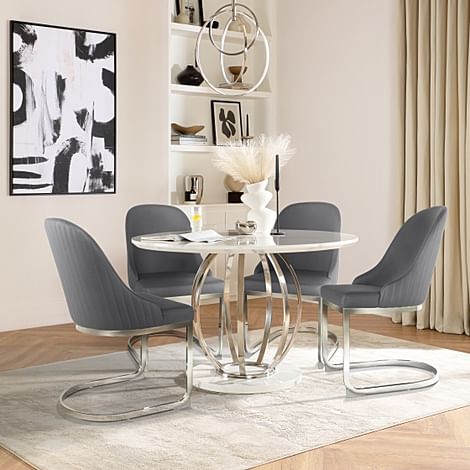 Savoy Round Dining Table & 4 Riva Chairs, White Marble Effect & Chrome, Grey Premium Faux Leather, 120cm