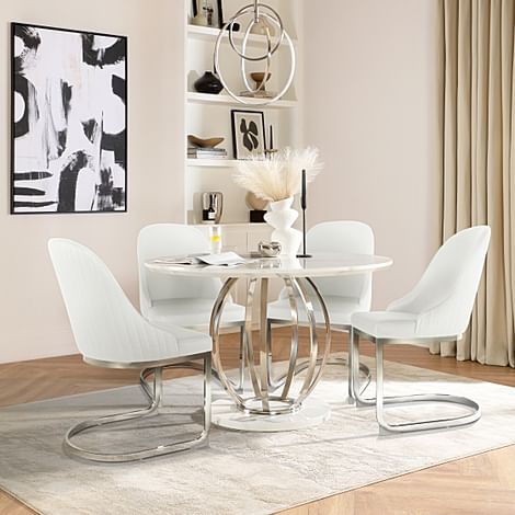 Savoy Round Dining Table & 4 Riva Chairs, White Marble Effect & Chrome, White Premium Faux Leather, 120cm