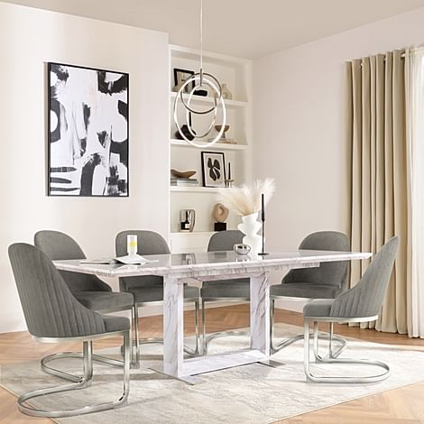 Tokyo Extending Dining Table & 4 Riva Chairs, Grey Marble Effect, Grey Classic Velvet & Chrome, 160-220cm