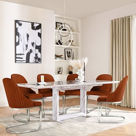 Tokyo Extending Dining Table & 6 Riva Chairs, Grey Marble Effect, Burnt Orange Classic Velvet & Chrome, 160-220cm