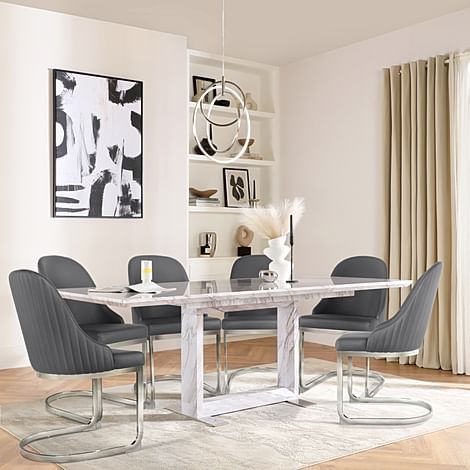 Tokyo Extending Dining Table & 8 Riva Chairs, Grey Marble Effect, Grey Premium Faux Leather & Chrome, 160-220cm
