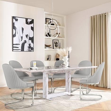Tokyo Extending Dining Table & 4 Riva Chairs, Grey Marble Effect, Light Grey Premium Faux Leather & Chrome, 160-220cm