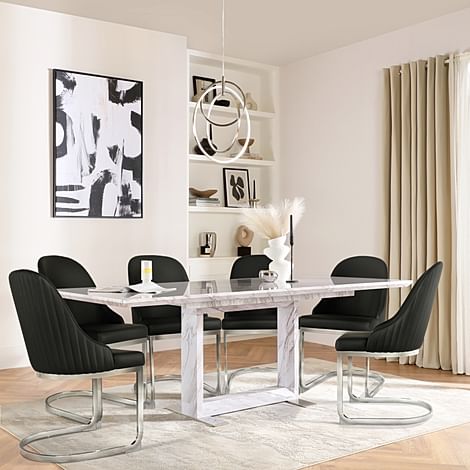 Tokyo Extending Dining Table & 4 Riva Chairs, Grey Marble Effect, Black Premium Faux Leather & Chrome, 160-220cm