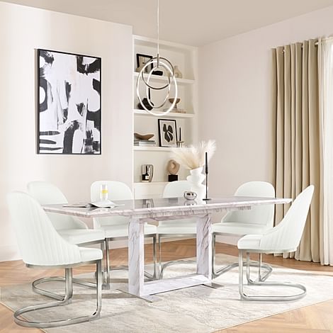 Tokyo Extending Dining Table & 4 Riva Chairs, Grey Marble Effect, White Premium Faux Leather & Chrome, 160-220cm