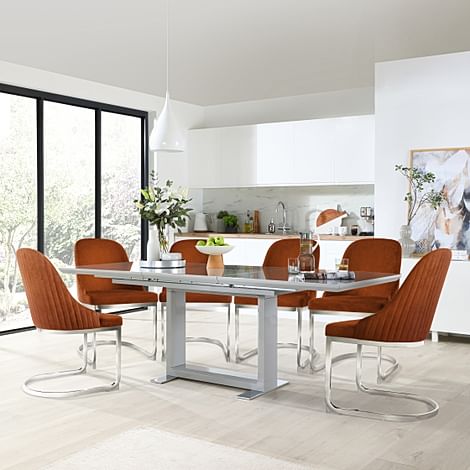 Tokyo Extending Dining Table & 6 Riva Chairs, Grey High Gloss, Burnt Orange Classic Velvet & Chrome, 160-220cm