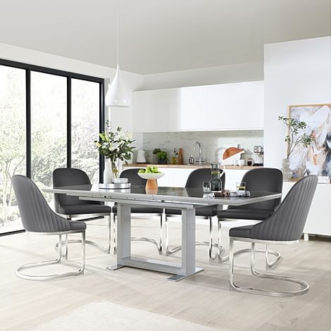 Tokyo Extending Dining Table & 4 Riva Chairs, Grey High Gloss, Grey Premium Faux Leather & Chrome, 160-220cm