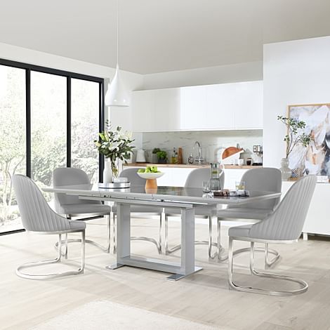 Tokyo Extending Dining Table & 6 Riva Chairs, Grey High Gloss, Light Grey Premium Faux Leather & Chrome, 160-220cm
