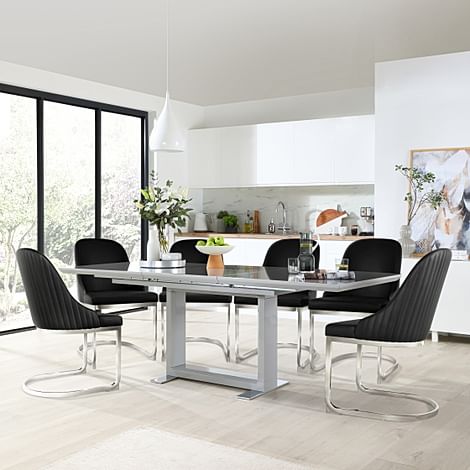 Tokyo Extending Dining Table & 4 Riva Chairs, Grey High Gloss, Black Premium Faux Leather & Chrome, 160-220cm
