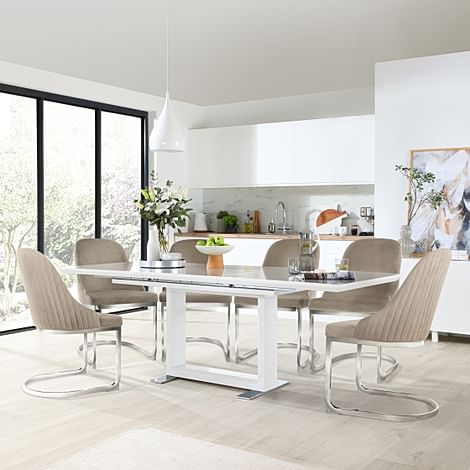 Tokyo Extending Dining Table & 4 Riva Chairs, White High Gloss, Champagne Classic Velvet & Chrome, 160-220cm