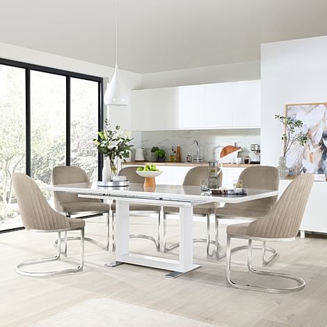 Tokyo Extending Dining Table & 8 Riva Chairs, White High Gloss, Champagne Classic Velvet & Chrome, 160-220cm