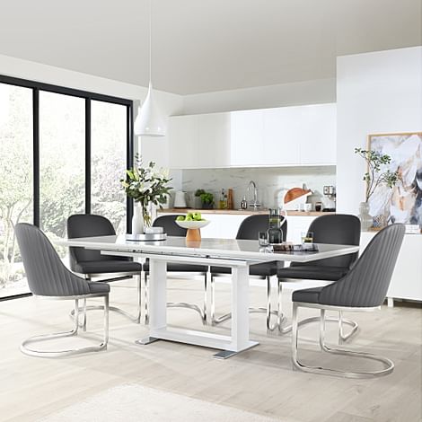 Tokyo Extending Dining Table & 4 Riva Chairs, White High Gloss, Grey Premium Faux Leather & Chrome, 160-220cm