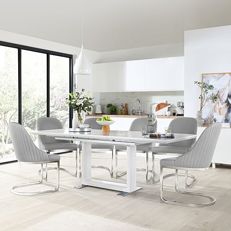 Tokyo Extending Dining Table & 4 Riva Chairs, White High Gloss, Light Grey Premium Faux Leather & Chrome, 160-220cm
