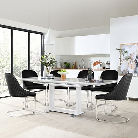 Tokyo Extending Dining Table & 8 Riva Chairs, White High Gloss, Black Premium Faux Leather & Chrome, 160-220cm