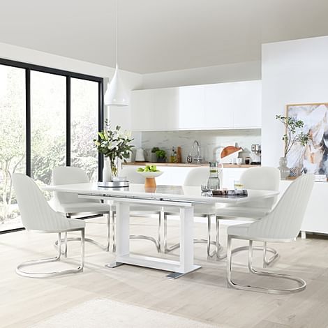 Tokyo Extending Dining Table & 4 Riva Chairs, White High Gloss, White Premium Faux Leather & Chrome, 160-220cm