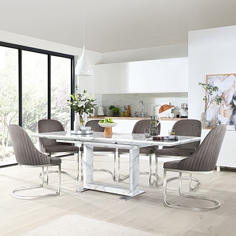 Tokyo Extending Dining Table & 4 Riva Chairs, White Marble Effect, Grey Classic Velvet & Chrome, 160-220cm