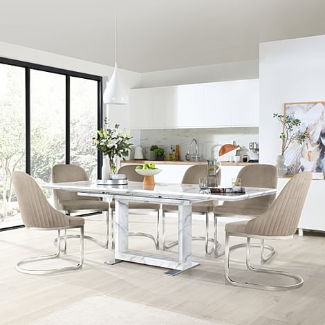 Tokyo Extending Dining Table & 4 Riva Chairs, White Marble Effect, Champagne Classic Velvet & Chrome, 160-220cm