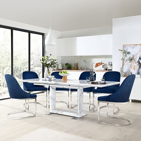 Tokyo Extending Dining Table & 4 Riva Chairs, White Marble Effect, Blue Classic Velvet & Chrome, 160-220cm