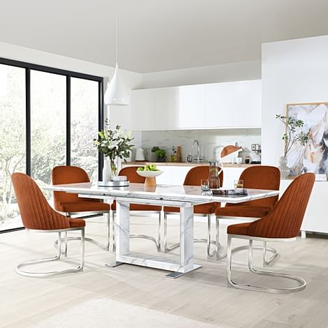 Tokyo Extending Dining Table & 6 Riva Chairs, White Marble Effect, Burnt Orange Classic Velvet & Chrome, 160-220cm