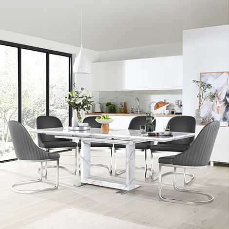 Tokyo Extending Dining Table & 4 Riva Chairs, White Marble Effect, Grey Premium Faux Leather & Chrome, 160-220cm