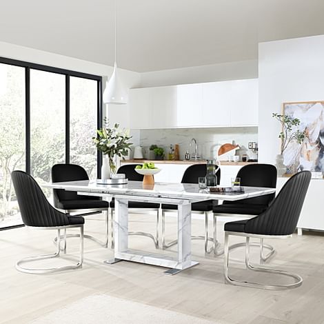 Tokyo Extending Dining Table & 8 Riva Chairs, White Marble Effect, Black Premium Faux Leather & Chrome, 160-220cm