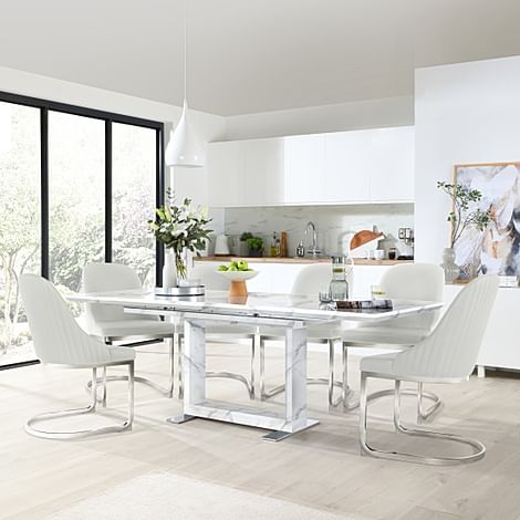 Tokyo Extending Dining Table & 4 Riva Chairs, White Marble Effect, White Premium Faux Leather & Chrome, 160-220cm