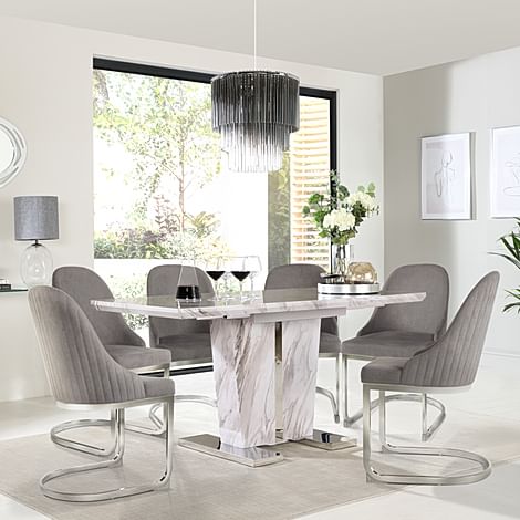 Vienna Extending Dining Table & 6 Riva Chairs, Grey Marble Effect, Grey Classic Velvet & Chrome, 120-160cm