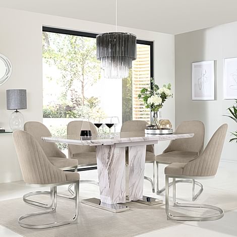 Vienna Extending Dining Table & 6 Riva Chairs, Grey Marble Effect, Champagne Classic Velvet & Chrome, 120-160cm