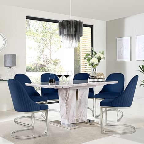 Vienna Extending Dining Table & 4 Riva Chairs, Grey Marble Effect, Blue Classic Velvet & Chrome, 120-160cm