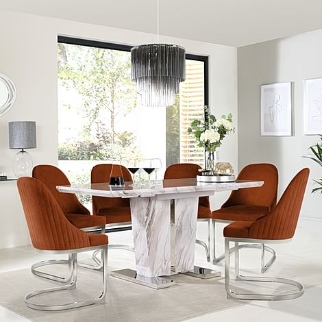 Vienna Extending Dining Table & 4 Riva Chairs, Grey Marble Effect, Burnt Orange Classic Velvet & Chrome, 120-160cm