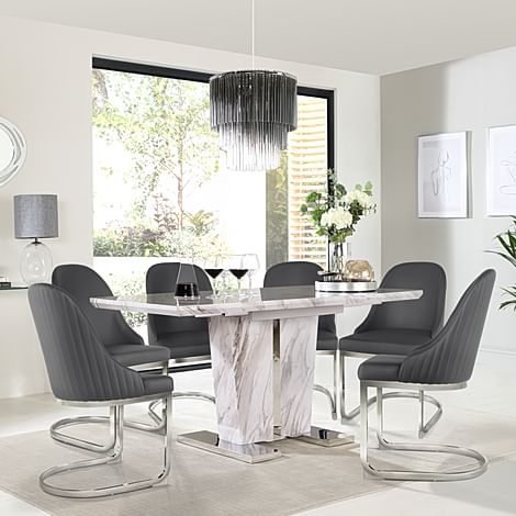 Vienna Extending Dining Table & 4 Riva Chairs, Grey Marble Effect, Grey Premium Faux Leather & Chrome, 120-160cm