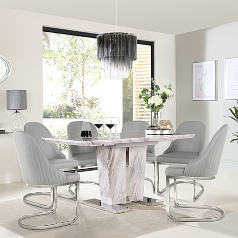Vienna Extending Dining Table & 4 Riva Chairs, Grey Marble Effect, Light Grey Premium Faux Leather & Chrome, 120-160cm