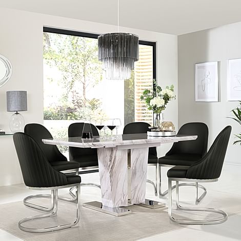 Vienna Extending Dining Table & 4 Riva Chairs, Grey Marble Effect, Black Premium Faux Leather & Chrome, 120-160cm