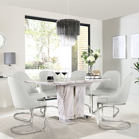 Vienna Extending Dining Table & 4 Riva Chairs, Grey Marble Effect, White Premium Faux Leather & Chrome, 120-160cm