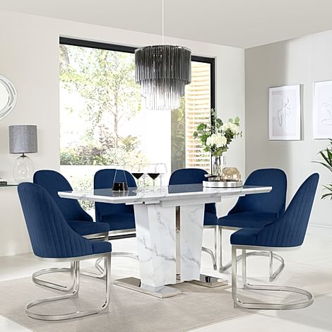 Vienna Extending Dining Table & 4 Riva Chairs, White Marble Effect, Blue Classic Velvet & Chrome, 120-160cm
