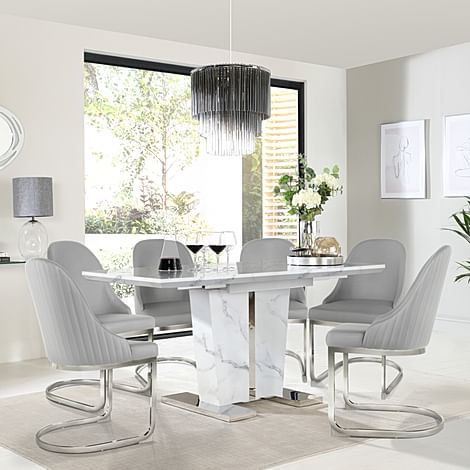 Vienna Extending Dining Table & 4 Riva Chairs, White Marble Effect, Light Grey Premium Faux Leather & Chrome, 120-160cm