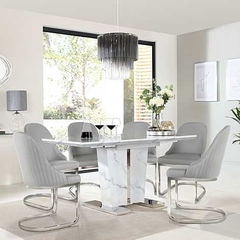 Vienna Extending Dining Table & 6 Riva Chairs, White Marble Effect, Light Grey Premium Faux Leather & Chrome, 120-160cm