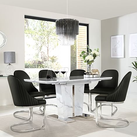 Vienna Extending Dining Table & 4 Riva Chairs, White Marble Effect, Black Premium Faux Leather & Chrome, 120-160cm