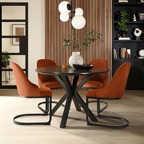 Newark Round Dining Table & 4 Riva Chairs, Black Oak Effect & Black Steel, Burnt Orange Classic Velvet, 110cm