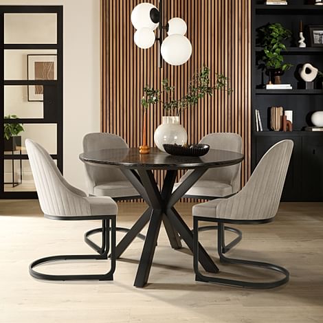 Newark Round Dining Table & 4 Riva Chairs, Black Oak Effect & Black Steel, Grey Classic Velvet, 110cm