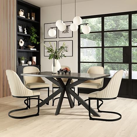 Madison Dining Table & 6 Riva Chairs, Black Oak Effect & Black Steel, Ivory Classic Plush Fabric, 160cm