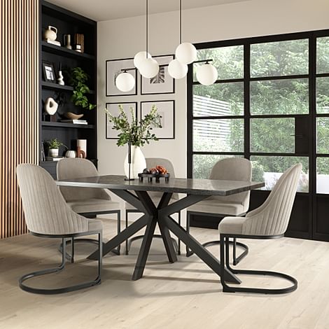 Madison Dining Table & 6 Riva Chairs, Black Oak Effect & Black Steel, Grey Classic Velvet, 160cm